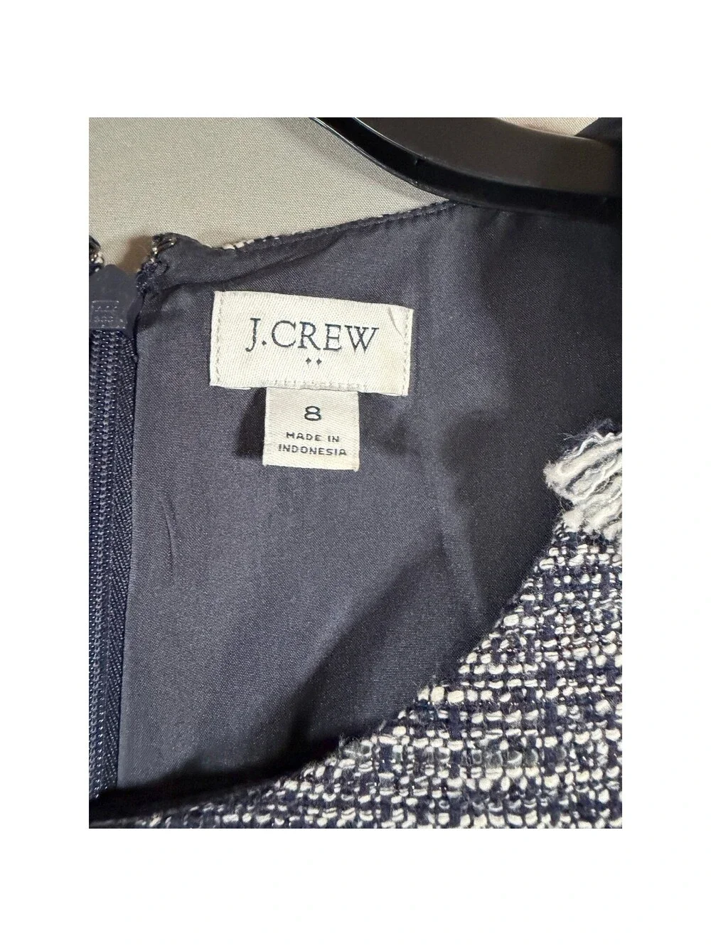 J.Crew Navy Blue White Tweed Fringe Trim Sleeveless Sheath Dress Size 8